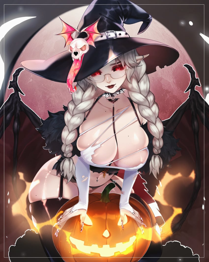 1girls belly_button belly_button_piercing blonde_hair breasts cleavage female female_only forestfox66 glasses halloween hat huge_breasts indie_virtual_youtuber jack-o&#039;-lantern light-skinned_female light_skin monster_girl ophelia_valentine painted_nails piercing pink_nails pointy_ears red_eyes solo vampire vampire_girl virtual_youtuber wings witch_hat