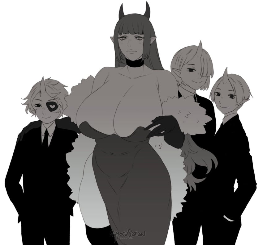 1girls 3boys armwear big_breasts choker cleavage demon_boy demon_girl dress eyepatch female fur_scarf gyarusatan hi_res horn horns huge_breasts large_breasts light_blush long_hair looking_at_viewer male monochrome opium_(gyarusatan) pointy_ears slit_pupils smiling smiling_at_viewer suit thighhighs white_background