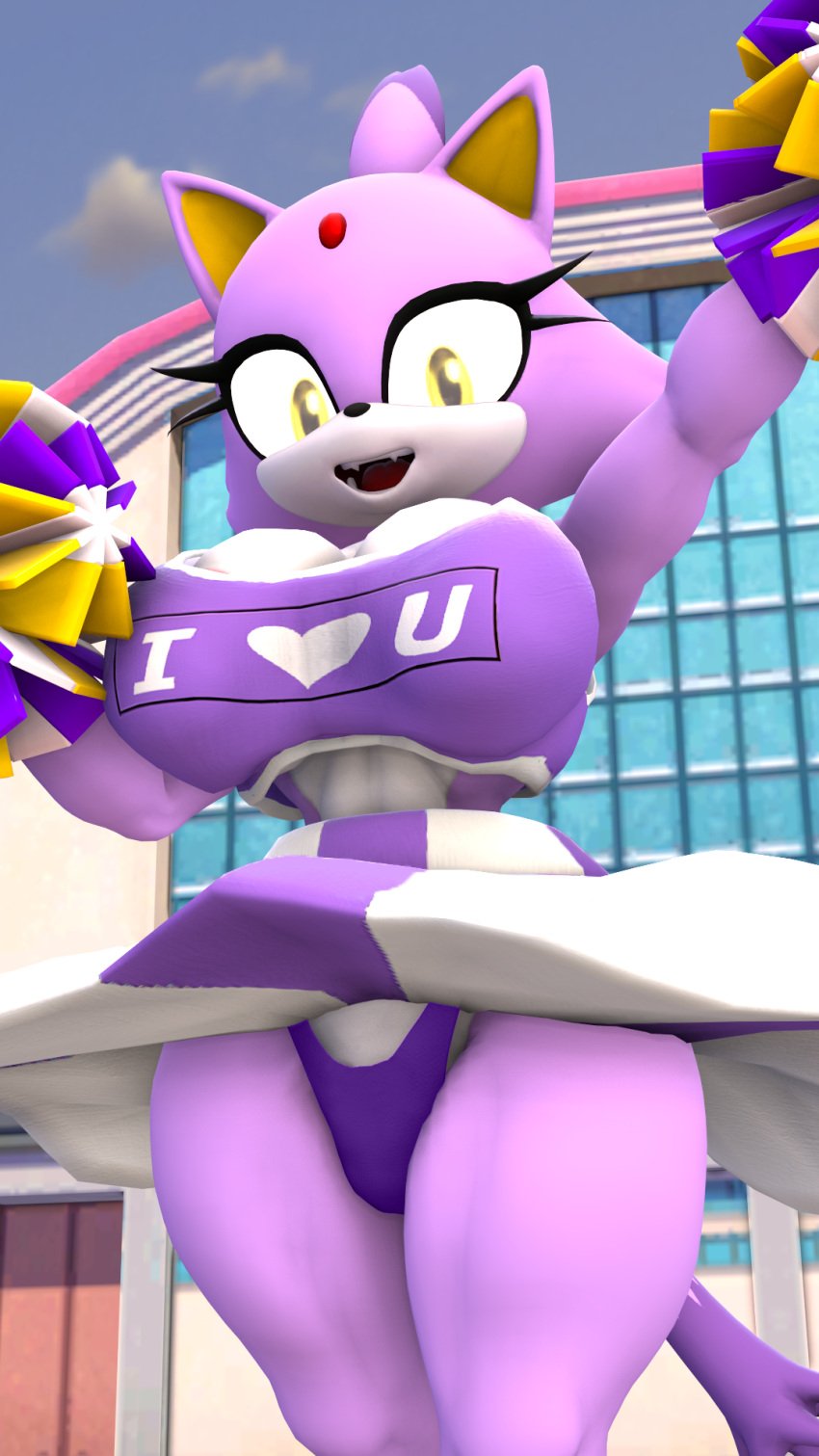 3d alternate_costume blaze_the_cat bluewyvern building cheerleader clouds forehead_jewel furry large_breasts looking_at_viewer narrow_waist outdoors pom_poms sky smile solo sonic_(series) sonic_the_hedgehog_(series) thick_thighs upskirt