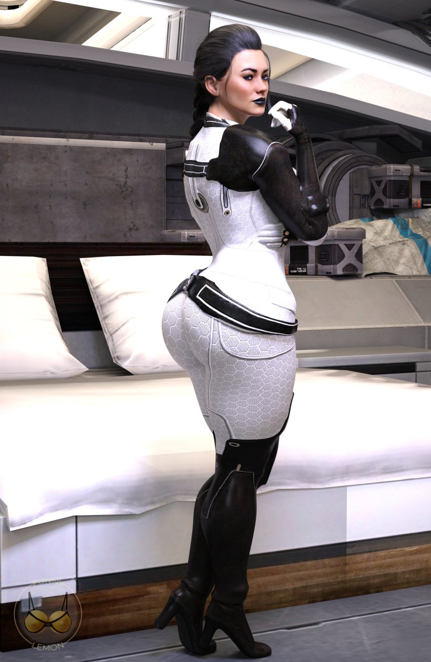 1girls 3d 3d_(artwork) bed bedroom big_ass big_breasts black_hair erotic-3d-art female funnylemon mass_effect mass_effect_2 mass_effect_3 milf miranda_lawson self_upload thick_ass thick_thighs woman_in_suit woman_only