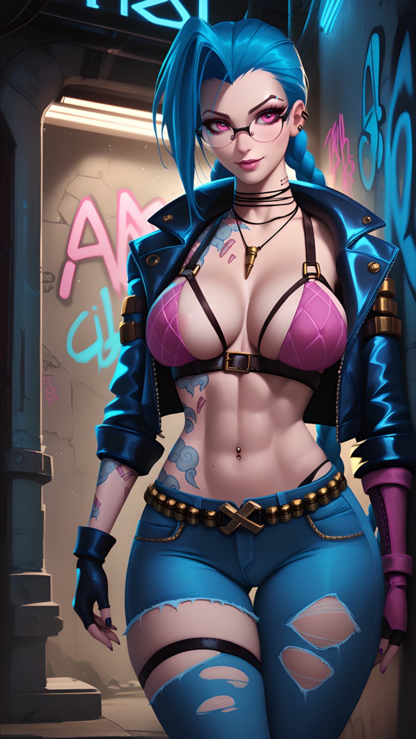 abs ai_generated belt big_breasts bra breasts cleavage detailed detailed_background female female_focus female_only fingerless_gloves firm_breasts glasses gloves graffiti hourglass_figure jacket jacket_open jeans jinx_(league_of_legends) large_breasts league_of_legends looking_at_viewer midriff navel_piercing portrait riot_games round_breasts seducing seduction seductive seductive_body seductive_eyes seductive_gaze seductive_look seductive_mouth seductive_pose seductive_smile shiny shiny_body shiny_breasts shiny_clothes shiny_hair shiny_skin sky4maleja standing straps tattoo tattoo_on_belly thick_thighs toned toned_stomach torn_clothes torn_clothing torn_jeans underwear waist