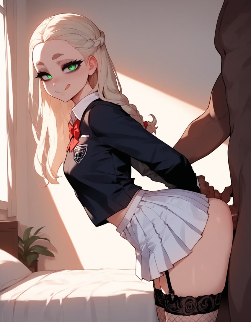 1girls ai_generated anal anal_sex artstyle_imitation ass bedroom black_man blonde_female blonde_hair dark-skinned_male earrings fishnets flat_chest green_eyes light-skinned_female naughty naughty_face pale-skinned_female school_uniform schoolgirl seductive seductive_look small_breasts straight_hair thiccwithaq_(ai_style) thick_ass thick_legs thick_lips thick_thighs thighs victoria_(xandr) xandr