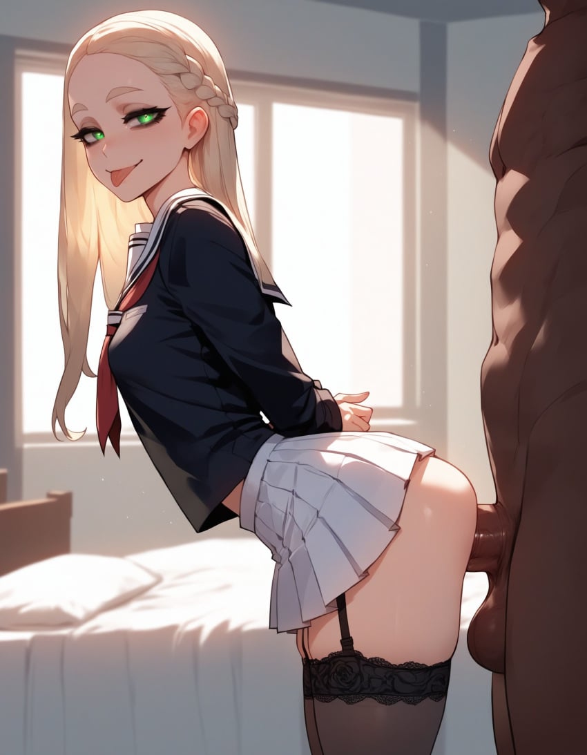 1girls ai_generated artstyle_imitation ass bedroom big_penis blonde_female blonde_hair dark-skinned_male dominant_male earrings flat_chest green_eyes interracial light-skinned_female naughty naughty_face pale-skinned_female school_uniform schoolgirl seductive seductive_look sex small_breasts straight_hair thiccwithaq_(ai_style) thick_ass thick_legs thick_lips thick_thighs thighs veiny_penis victoria_(xandr) xandr