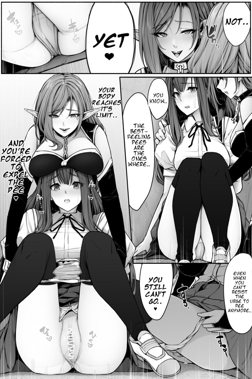 2girls black_thighhighs breast_on_head breasts censored cleavage doujinshi english_text have_to_pee kokomachi long_hair original original_characters panty_pull pointy_ears pulled_by_another pulling_panties pulling_panties_down pussy school_uniform skirt skirt_lift speech_bubble spread_legs stained_panties succubus thighhighs wet wet_panties white_panties yuri