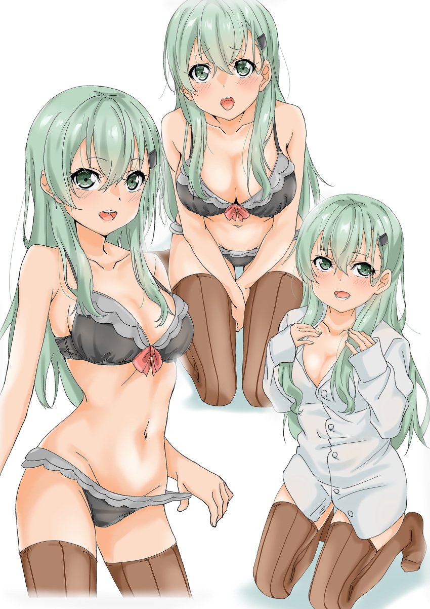 1girls absurdres aqua_hair bad_id bad_pixiv_id black_bra black_panties blush bow bow_bra bra breasts brown_legwear cleavage commentary dress_shirt female hair_ornament hairclip highres kantai_collection large_breasts long_hair looking_at_viewer maonatten multiple_views naked_shirt navel open_mouth panties shirt simple_background sitting smile suzuya_(kantai_collection) thighhighs underwear