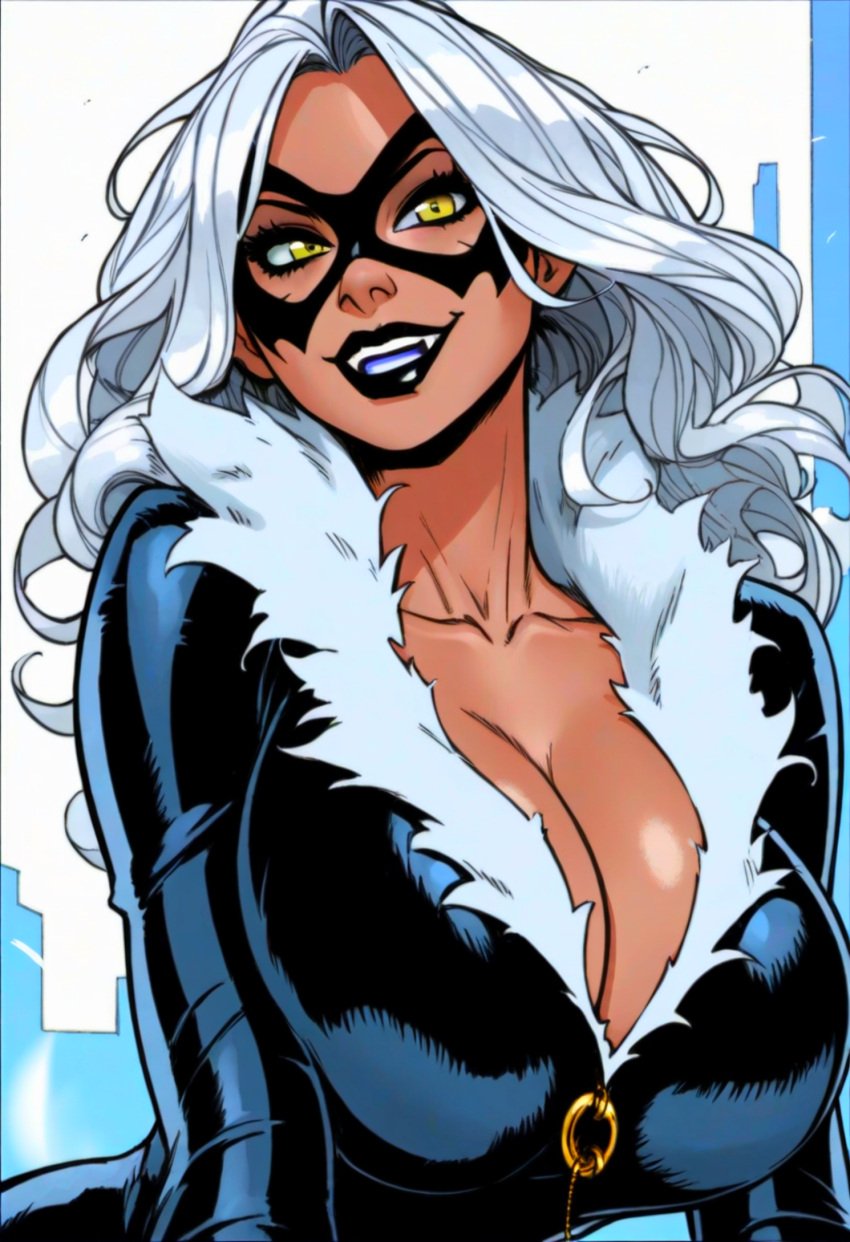 ai_generated big_breasts black_cat_(marvel) black_latex black_lipstick bodysuit breasts cattlec clavicle cleavage close-up clothed clothed_breasts clothed_female collarbone eye_mask felicia_hardy fur huge_breasts latex long_hair marvel marvel_comics mask massive_breasts neck smile smiling upper_body voluptuous white_hair yellow_eyes