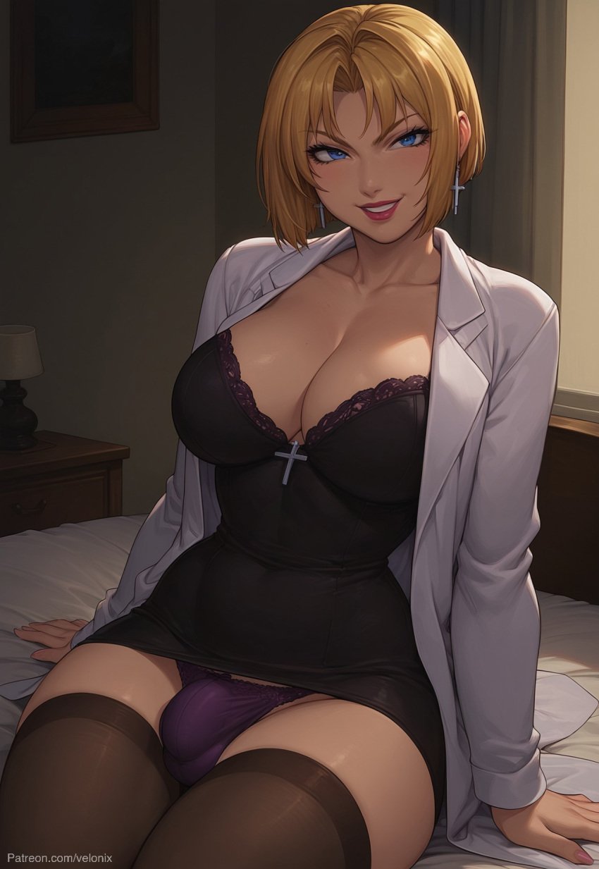 1futa 1futanari ai_generated ass bible_black bible_black_only big_ass big_breasts big_butt big_hips big_penis black_dress blonde_female blonde_futa blonde_hair blonde_hair blue_eyes breasts cleavage clothed clothing cross_earrings dick dickgirl dress eyebrows eyelashes futa_only futanari grin grinning grinning_at_viewer hair hands-free huge_cock indoors kitami_reika lab_coat latex latex_dress lips long_hair looking_at_viewer makeup medium_hair milf narrow_waist narrowed_eyes nose panties penis purple_panties seducing seductive seductive_eyes seductive_gaze seductive_look seductive_mouth seductive_pose seductive_smile short_hair sitting smile smile_at_viewer smiley_face smooth_balls smooth_penis smooth_skin solo solo_dickgirl solo_focus solo_futa solo_futanari stockings teacher testicles tight_clothing velonix