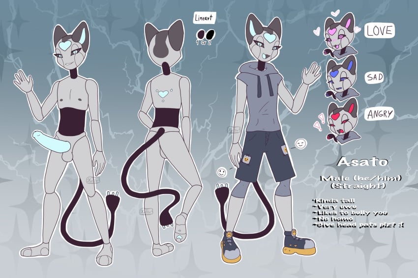 anthro artwork_(digital) asato_yurbiv cat_humanoid catboy character_name feline grey_body nude reference_sheet robot robot_boy robot_humanoid yurbiv