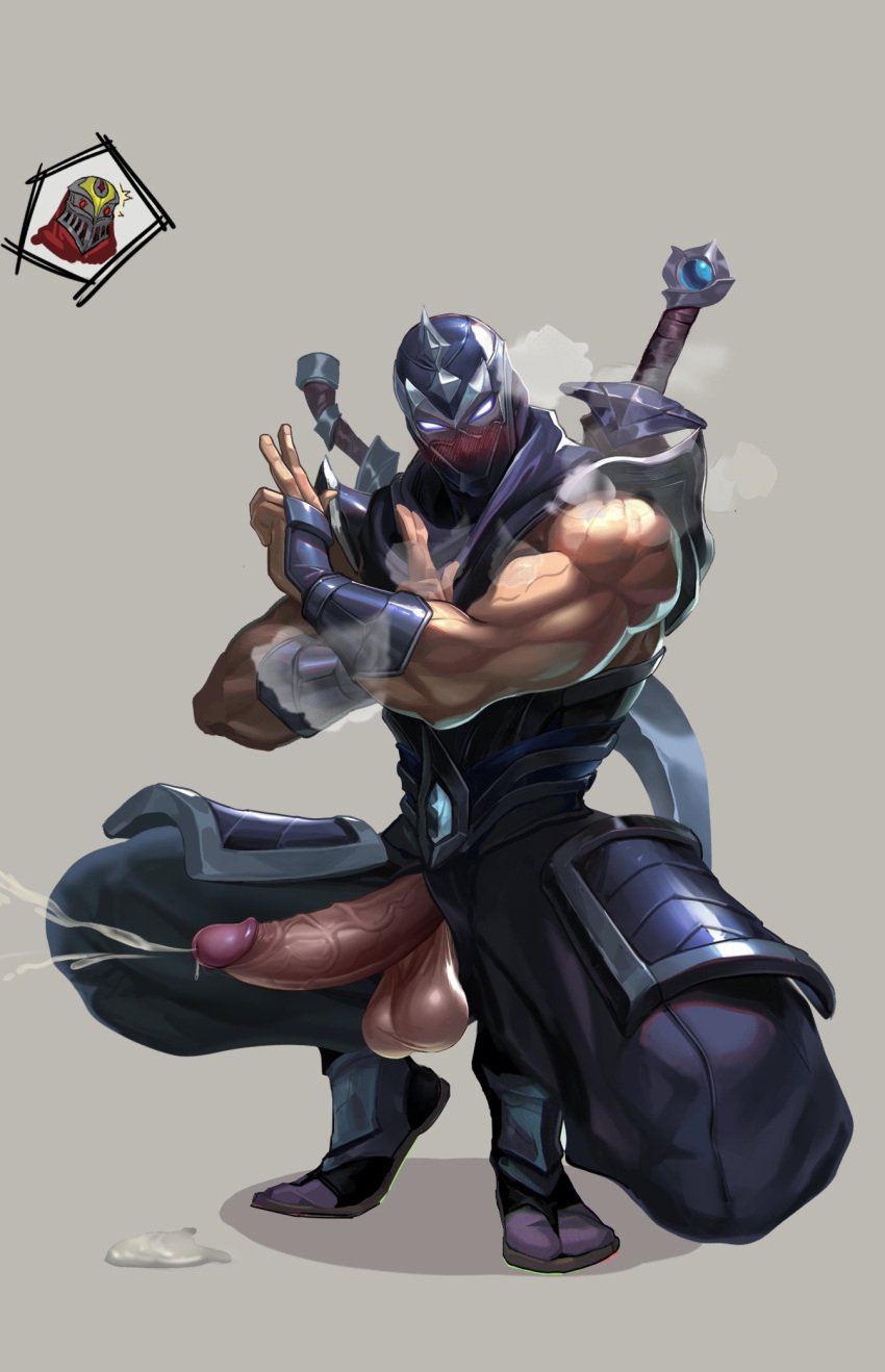 balls bara biceps big_balls big_penis blush bulge clothing cum cumshot erection genital_fluids league_of_legends male male_only manly muscular_male orgasm penis riot_games shangxi57994328 shen shen_(league_of_legends) tight_clothing