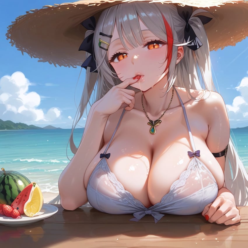 1girls ai_generated azur_lane beach blush breasts female finger_in_mouth fruit hat huge_breasts iron_blood_(azur_lane) large_breasts light-skinned_female mature_female orange_eyes prinz_eugen_(azur_lane) seaside seductive silver_hair table water white_bra white_hair