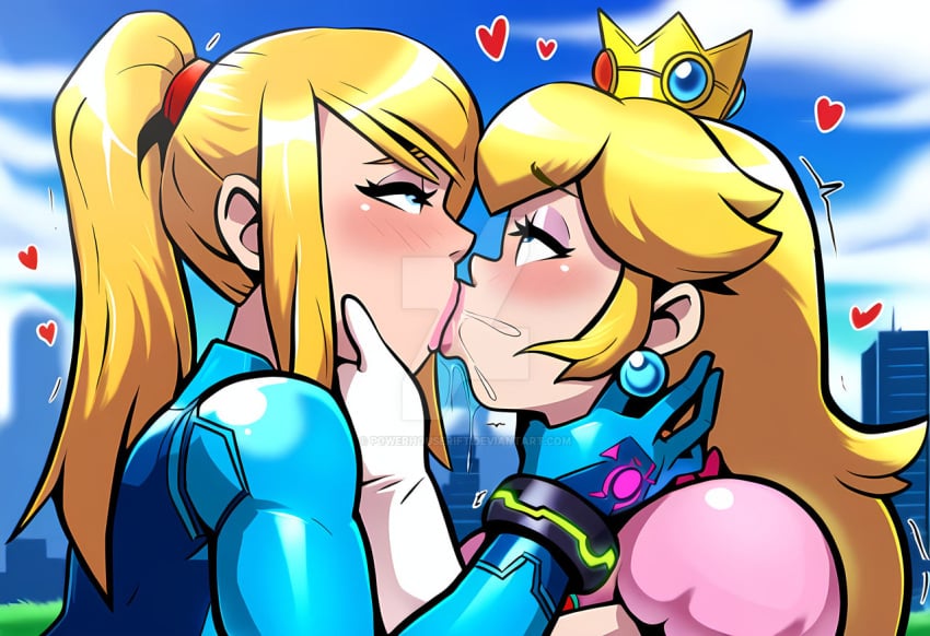 ai_generated both_blushing kissing making_out mario_(series) metroid nintendo powerhouserift princess_peach saliva samus_aran sloppy_kiss super_smash_bros. wet_kiss yuri