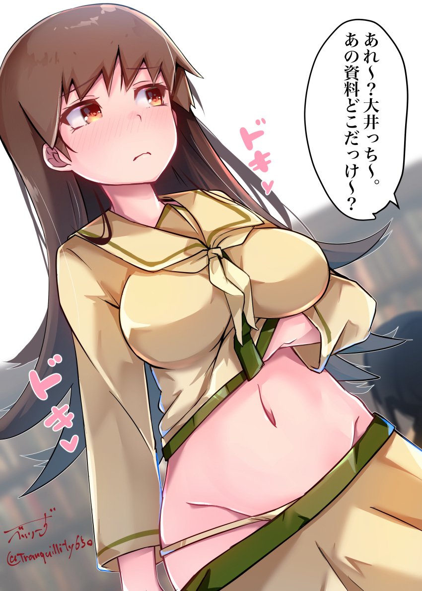 absurdres artist_name baileys_(tranquillity650) blush breasts brown_eyes brown_hair closed_mouth clothes_lift clothes_pull commentary dutch_angle female flashing gold_panties groin heart heartbeat highres kantai_collection kitakami_(kantai_collection) lifting_own_clothes long_hair long_sleeves looking_to_the_side medium_breasts navel neckerchief nose_blush ooi_(kantai_collection) ooi_kai_ni_(kantai_collection) panties panty_pull public_indecency pulling_own_clothes sailor_collar school_uniform serafuku shirt_lift signature skirt skirt_pull solo sound_effects speech_bubble stomach translated twitter_username underwear white_neckerchief yellow_panties yellow_sailor_collar yellow_skirt