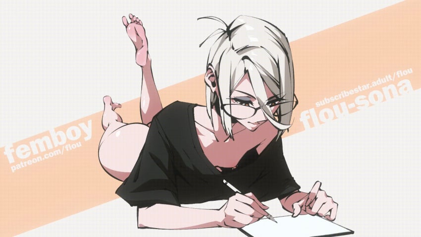 1boy animated ass drawing feet feet_flopping femboy flou flou_(character) gif glasses legs light-skinned_male nipple_piercing nipslip orange_eyes oversized_shirt soles toes white