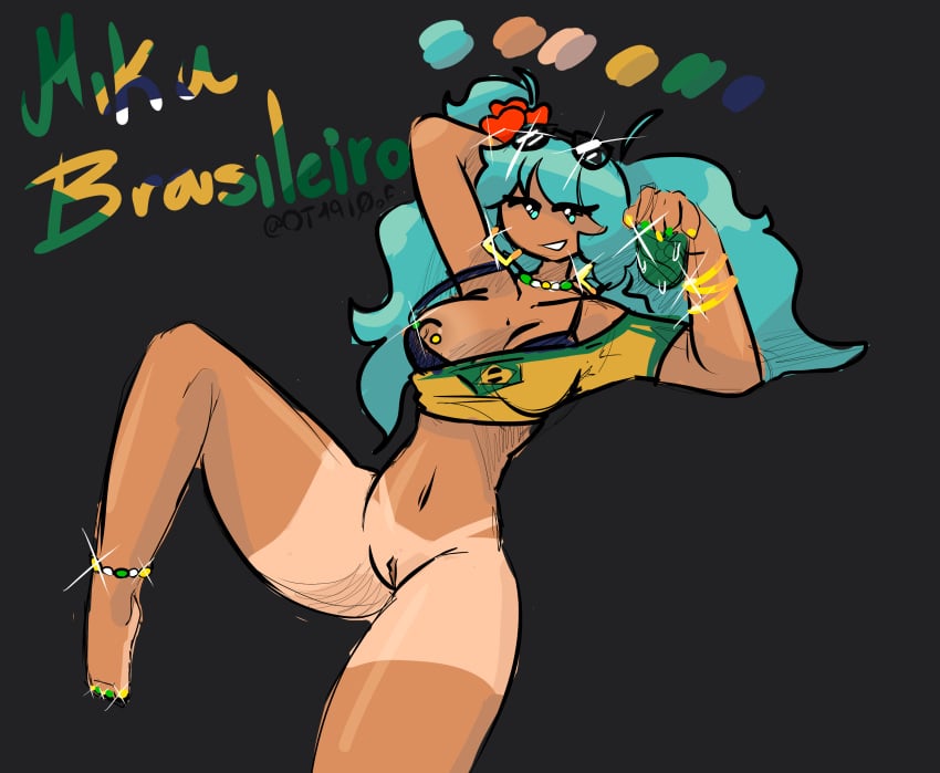 blue_eyes blue_hair bottomless brazilian brazilian_female brazilian_miku breasts_out clothed_female hatsune_miku looking_at_viewer onlytaky seductive_look self_upload tanned tanned_female vocaloid watermark