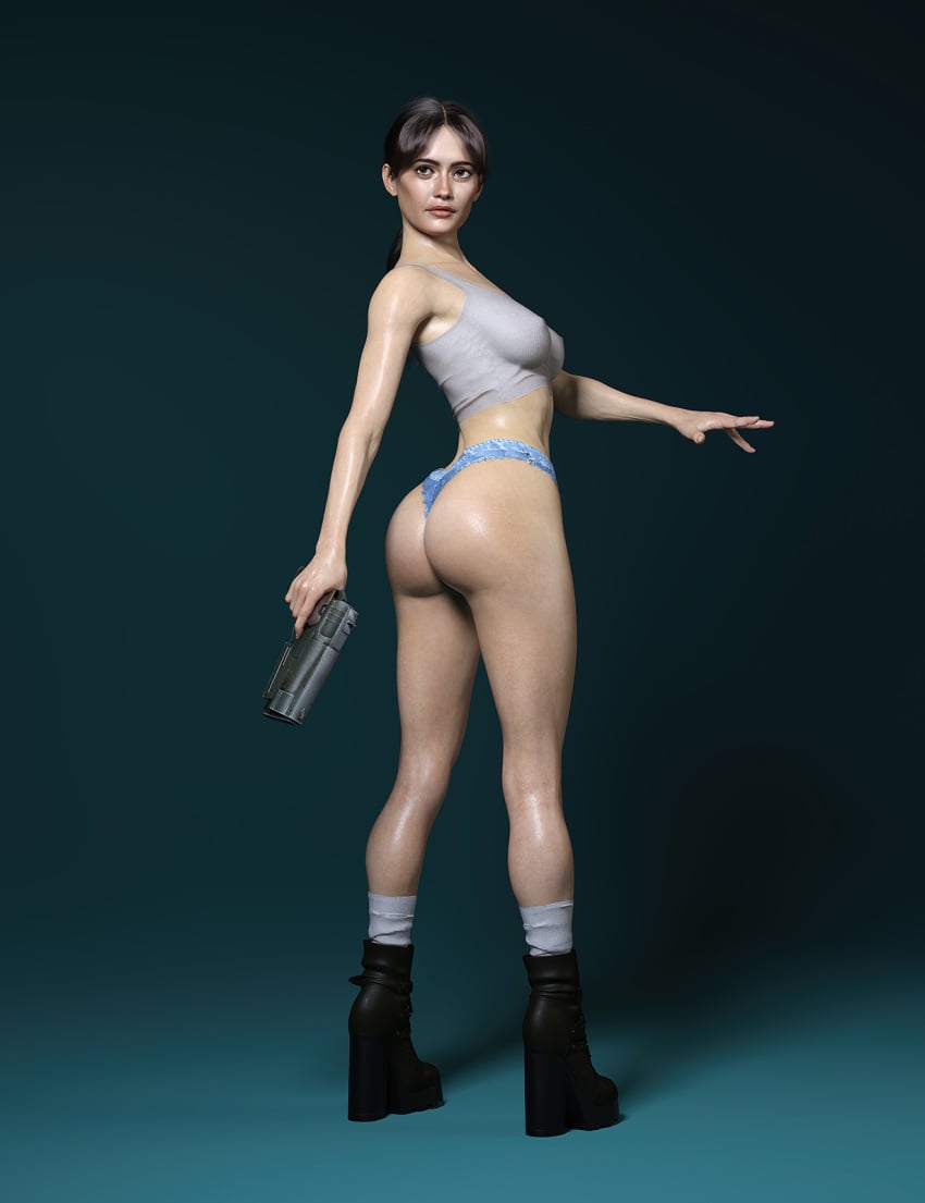 10mm_pistol 1girls 3d ass back_view big_ass clothing dboxx ella_purnell fallout fallout_(series) female female_only firearm footwear handgun human jean_shorts lucy_maclean pale_skin solo weapon