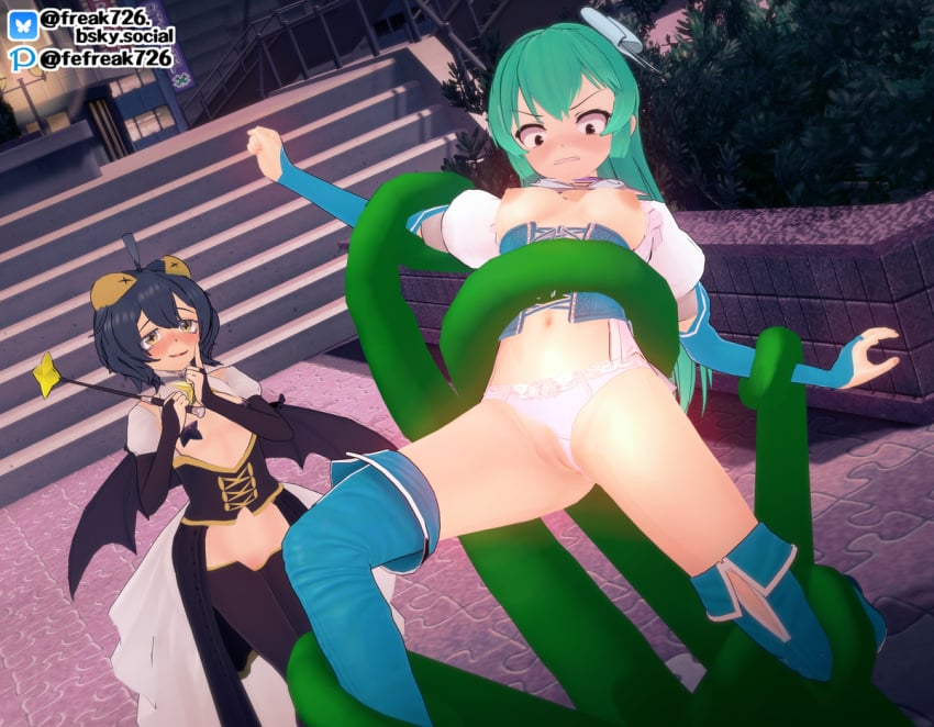 3d bdsm constricted_pupils defeated_heroine fefreak726 grabbing half_naked hiiragi_utena koikatsu magia_azul magia_baiser magical_girl mahou_shoujo_ni_akogarete masochism minakami_sayo partially_clothed restrained restrained_by_vines tentacle vines