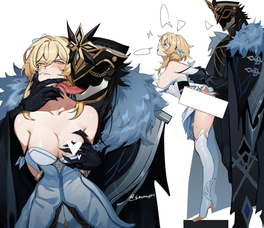 1boy arm_grab bare_shoulders blonde_hair blush breasts capitano_(genshin_impact) censored eriimyon female flower genshin_impact grabbing_another's_breast grabbing_from_behind groping hair_between_eyes hair_flower hair_ornament heart heart_censor highres licking licking_another's_cheek licking_another's_face long_tongue lumine_(genshin_impact) medium_breasts molestation rape sex short_hair short_hair_with_long_locks sidelocks straight tongue tongue_out white_flower yellow_eyes