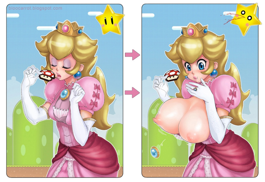 areolae blonde_hair bloocarrot blood blue_eyes blush blush_stickers bow breast_expansion breasts bursting_breasts closed_eyes crown directional_arrow dress elbow_gloves eyeshadow food food_on_face gloves hair huge_breasts jewelry lips long_hair mario_(series) nintendo nipples nosebleed princess_peach puffy_sleeves ring short_shorts shorts star super_mario_bros. surprised watermark