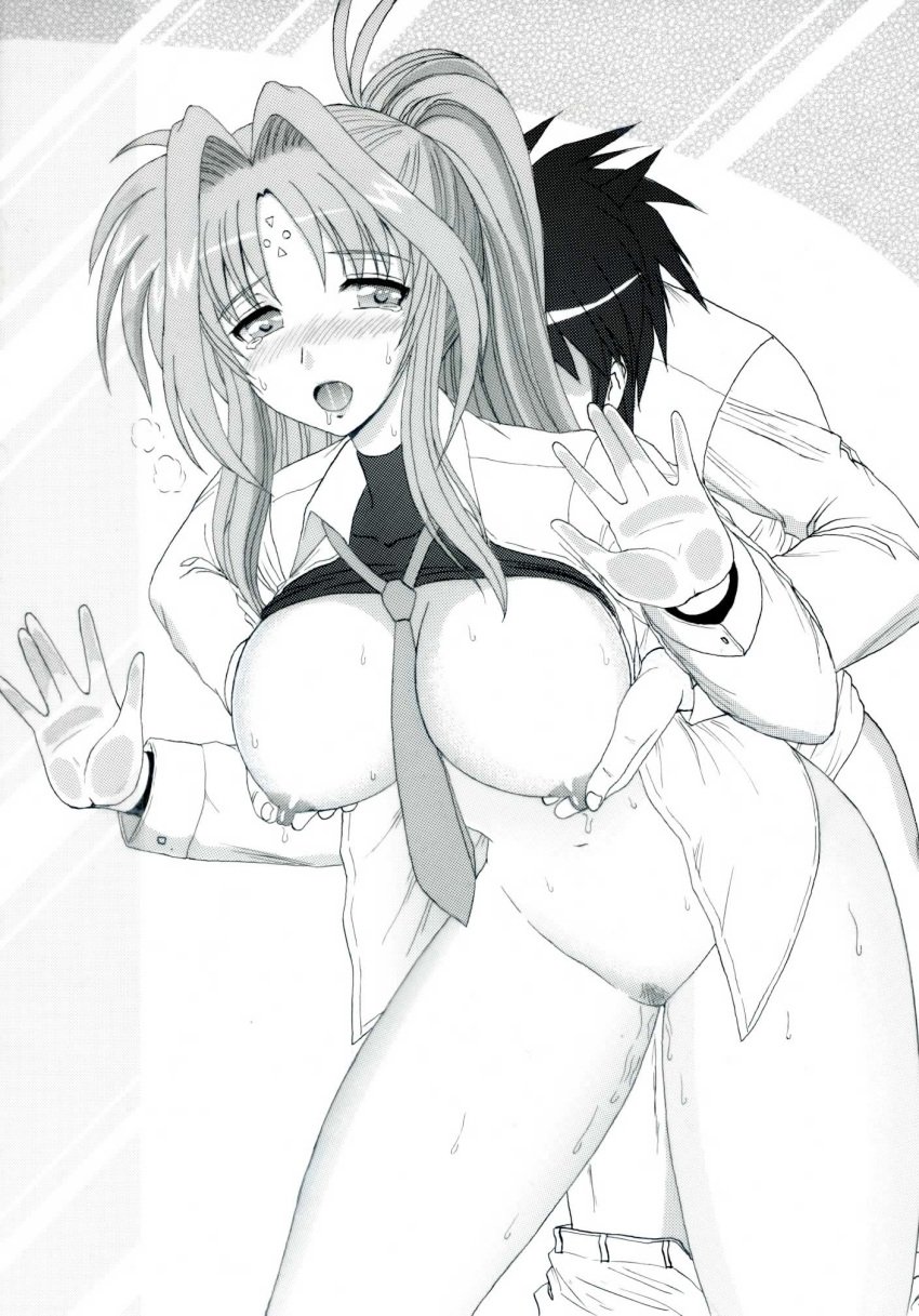 :o blush bottomless breast_grab breasts facial_mark female forehead_mark highres human kirishima_goro_(55541) large_breasts lindy_harlaown long_hair long_sleeves lyrical_nanoha mahou_shoujo_lyrical_nanoha male necktie nipple_tweak nipples open_clothes pubic_hair pussy_juice saliva sex shirt_lift straight tear