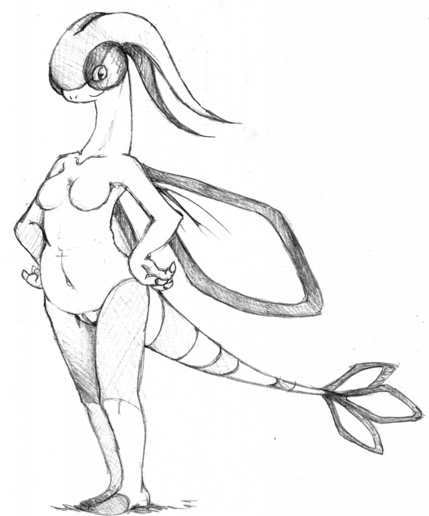 2009 breasts female flygon flyingrotten looking_at_viewer nipples nude pokemon pokemon_(species) pokemorph pussy sketch solo standing wings