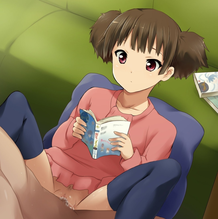 artist_request book bottomless brown_hair censored expressionless female human human_only jun_suzuki_(k-on!) k-on! kaiga lying_on_back male on_back open_book pubic_hair pussy_juice reading sex short_twintails spread_legs straight thighhighs tied_hair twintails vaginal_penetration