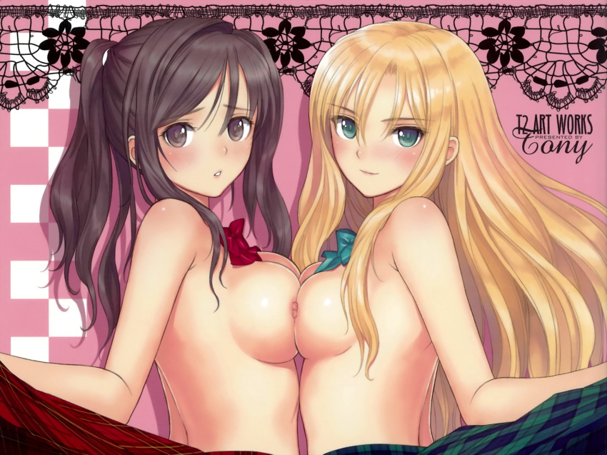 2girls breasts female female_only green_eyes multiple_girls nipples taka_tony topless yuri