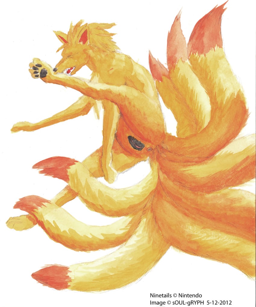 anatomically_correct anus ass canine female feral fox itchy multiple_tails ninetales pokemon presenting pussy soulgryph watercolor_painting