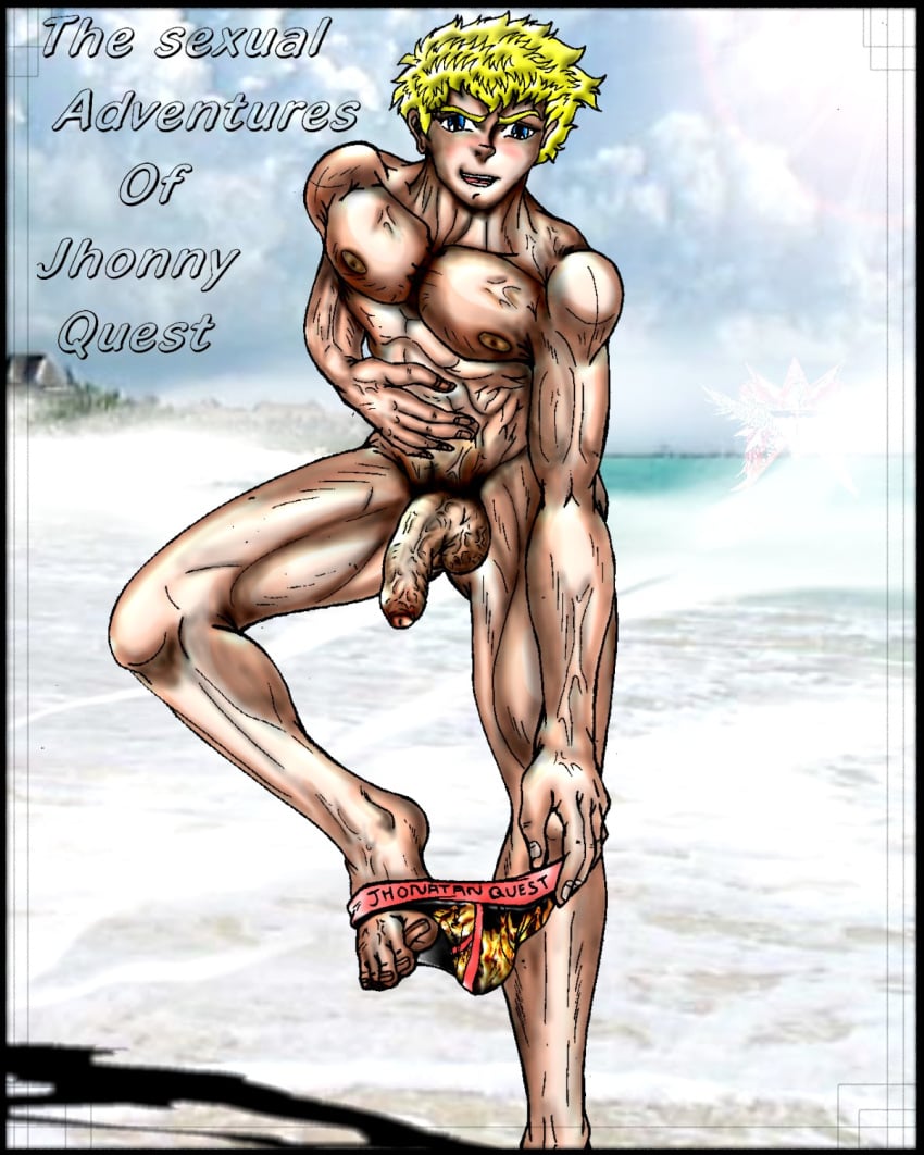 1boy beach blonde_hair blue_eyes hand_on_stomach inviting_to_sex jonny_quest jonny_quest_(series) leg_lift long_penis male_only muscular muscular_male name_tag solo_male the_real_adventures_of_jonny_quest twink uncut undressing veiny_muscles veiny_penis veiny_testicles yellow_hair