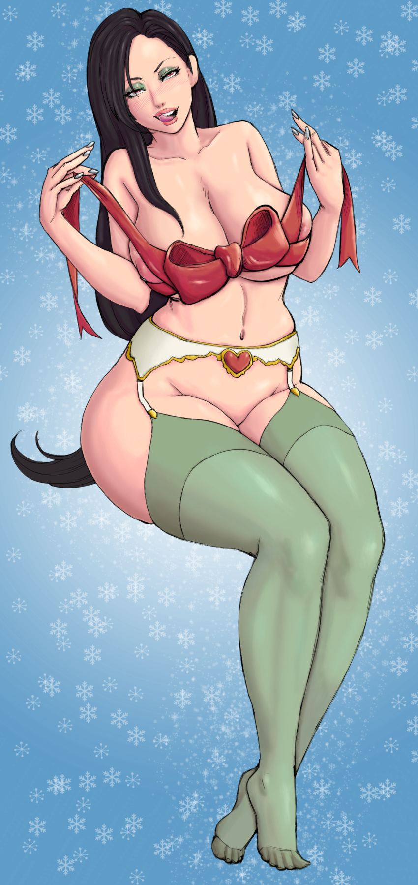 black_hair blush breasts brown_eyes christmas cleavage colored curvy eyeshadow female female_only final_fantasy final_fantasy_vii garter_belt garter_straps human large_breasts legoman licking_lips long_hair navel no_panties no_shoes ribbon sitting solo soubriquetrouge thick_thighs thighhighs tifa_lockhart tongue wide_hips