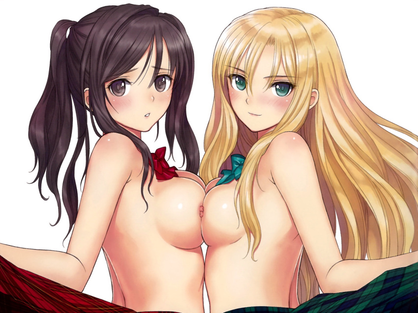 2girls breasts female female_only green_eyes multiple_girls nipples simple_background taka_tony topless white_background yuri