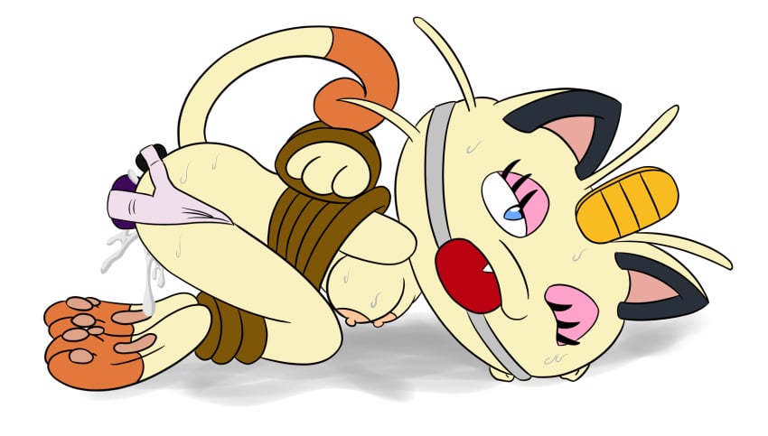 anthro barefoot bound breasts color cpctail dildo female female_only fur furry insertion meowth nipples pokemon pussy_juice side_view solo tagme