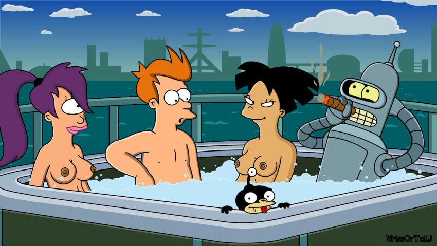 amy_wong bender_bending_rodriguez breasts color day exposed_breasts female futurama human male matt_groening_(style) multiple_females multiple_males nibbler nipples nude outdoors partially_submerged philip_j_fry robot sexless tagme toony turanga_leela water