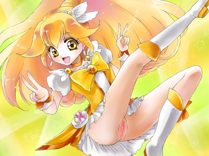 blonde_hair censored clothed clothing double_v dress exposed_pussy kurosaki open_mouth pretty_cure pussy smile_precure solo tagme v yayoi_kise yellow_eyes yellow_theme