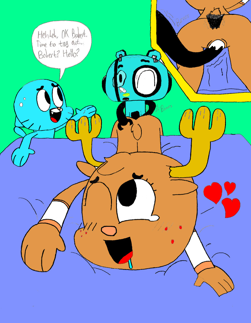 1girls 1robot 2boys anal anal_penetration anal_sex bed bobert_(tawog) cartoon_network cat cervine colored cucked_by_friend cum cum_in_ass cum_in_pussy cum_inside deer double_penetration english_text feline female flat_colors from_behind gumball_watterson heart machine male mechanical netorare penis penny_fitzgerald penny_fitzgerald_(before_canon_real_form) pussy random_anon robot sex speech_bubble straight the_amazing_world_of_gumball threesome traditional_art uncensored vaginal_penetration vaginal_sex young