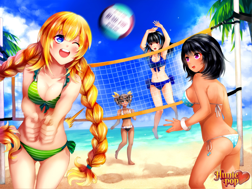 4girls accurate_art_style audrey_belrose beach beach_volleyball bikini braids breasts female huniepop kyanna_delrio latina lola_rembrite multiple_girls slave_handles tiffany_maye