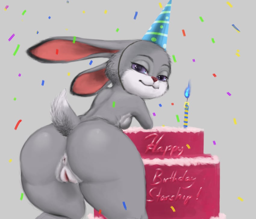 ! anthro anus ass birthday birthday_cake blue_flame breasts burning_candle butt_focus cake candle confetti countershade_face countershading disney english_text female food fur grey_background grey_countershading grey_fur grey_tail half-closed_eyes hat judy_hopps lagomorph leaning leaning_forward long_ears looking_back mammal mostly_nude naked_hat napalm_express party_hat portrait presenting presenting_anus presenting_hindquarters presenting_pussy purple_eyes pussy rabbit rear_view sideboob simple_background small_breasts smile solo striped_candle text three-quarter_portrait zootopia