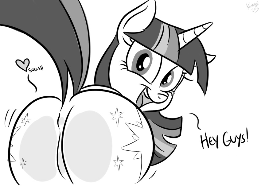 ass back_view cutie_mark dialog english_text female female_only flat_colors friendship_is_magic fur furry furry_ears greyscale hair horn killryde looking_at_viewer looking_back monochrome my_little_pony open_mouth pony smile smiling solo tail text twilight_sparkle_(mlp) unicorn