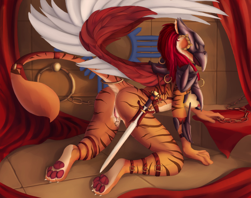 all_fours anus armor avian breasts female gryphon merrunz nude pussy solo wings