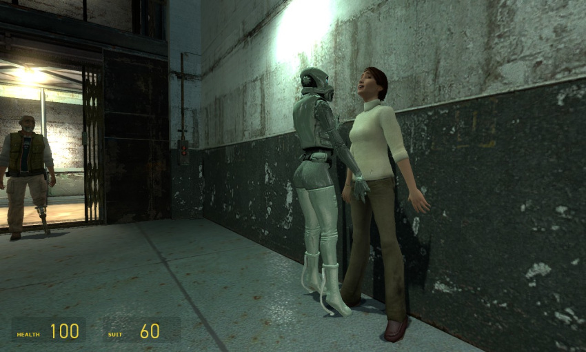 16:9 3d 3d_(artwork) brown_hair combine combine_assassin crossover eli_vance female fingering game_ui garry's_mod half-life half-life_2 half-life_2_beta jeans judith_mossman long_fall_boots multiple_girls tagme transhuman valve yuri