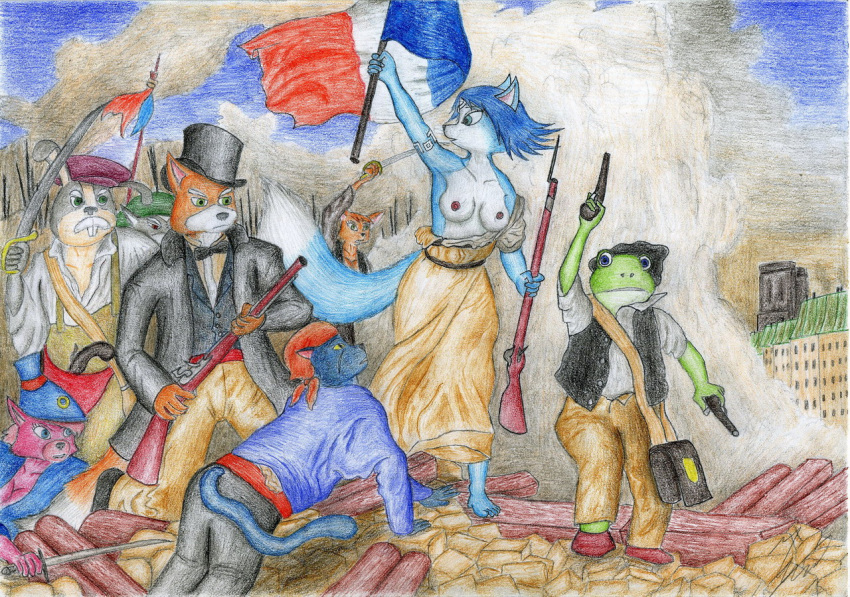 anthro bandana bayonet blue_fur breasts cat color day fara_phoenix female fine_art_parody flag fox fox_mccloud french_revolution fur furry furry_breasts furry_tail grey_fur gun hat holding holding_gun holding_sword interspecies katt_monroe krystal liberty_leading_the_people male multiple_boys orange_fur outdoors panther panther_caroso peppy_hare pistol public_domain rabbit rifle sinaherib slippy_toad star_fox sword tail toad top_hat weapon white_fur wolf wolf_o'donnell