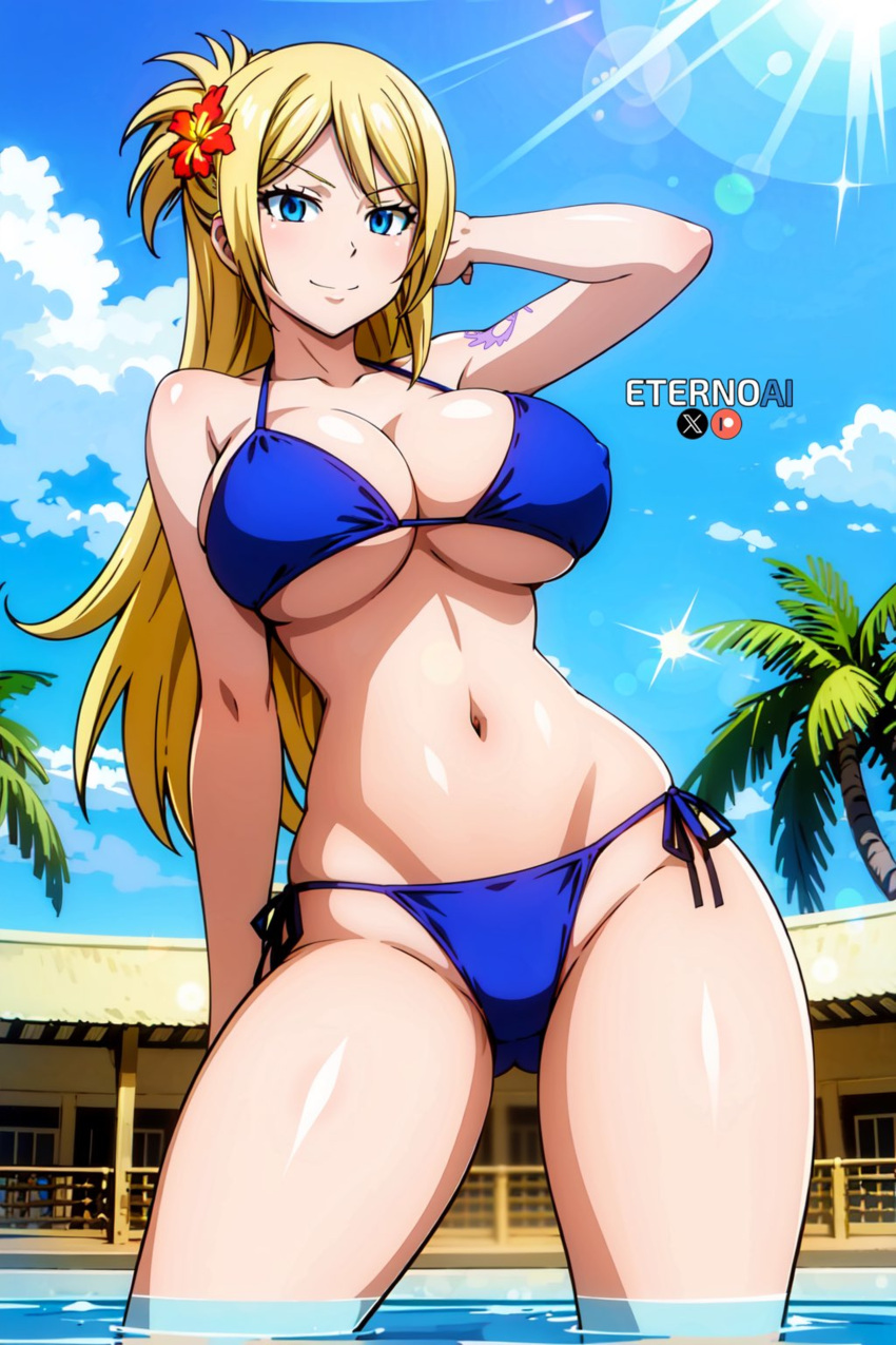 1girls ai_generated arm_behind_head armpits big_breasts bikini blonde_hair blue_eyes busty cleavage confident fairy_tail female female_only jenny_realight large_breasts legs looking_at_viewer navel pool pose posing seductive seductive_smile smile solo thighs water