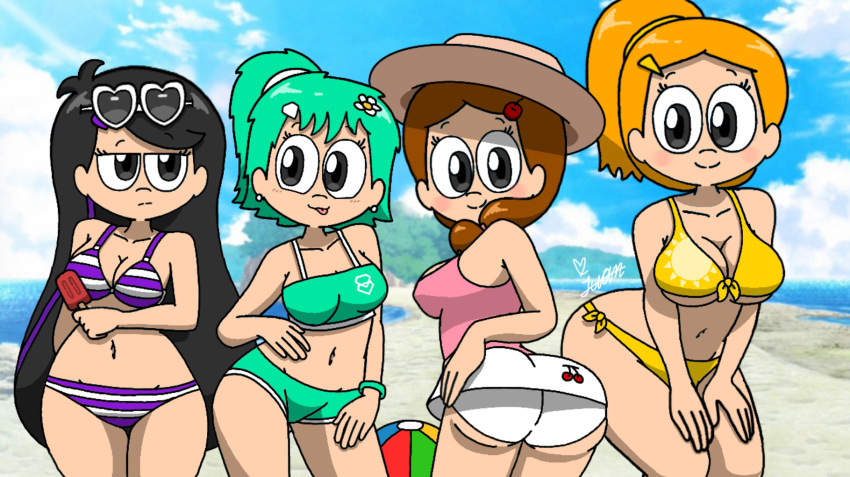 4girls alternate_version_available ass beach beach_hat beachball big_ass big_breasts big_butt bikini cute edna_(writers_crusaders) eli_(writers_crusaders) flower_in_hair hairclip hands_on_hips heart-shaped_sunglasses height_difference ice_cream icicle long_hair lovely_(writers_crusaders) mitchelline_(writers_crusaders) multiple_girls ponytail popsicle side_ponytail skirt straw_hat striped_bikini sunglasses thick_ass thick_thighs wcjuan writers_crusaders