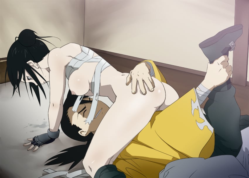 ass bandage bandaged_chest bandages breasts chest_wraps female fullmetal_alchemist human ice_place lan_fan ling_yao male sarashi straight