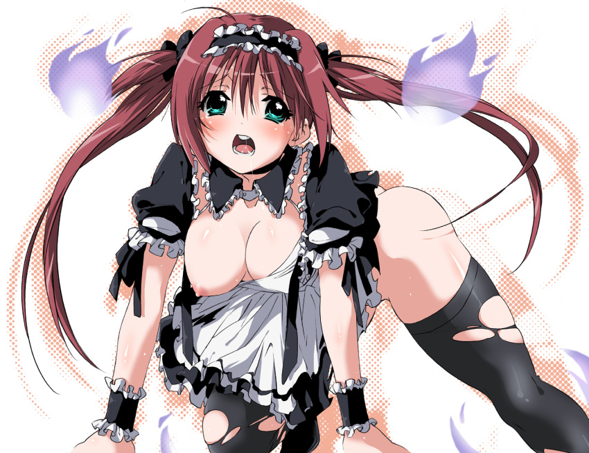 all_fours blue_eyes blush breast_slip breasts green_eyes highres large_breasts long_hair maid midori_kouichi nipples one_breast_out open_clothes queen's_blade red_hair saliva tears thighhighs tied_hair torn_clothes torn_thighhighs twintails