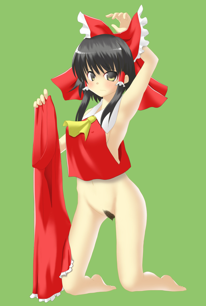 black_hair blush bottomless bow female female_only highres human pubic_hair reimu_hakurei solo touhou yellow_eyes