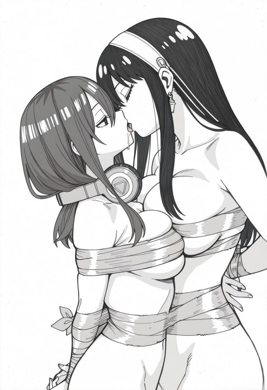 1girls age_difference ai_generated artist_name big_breasts black_and_white bondage bound bound_together breast_to_breast breasts censored dominant drool drooling duct_tape duo face_to_face female femdom french_kiss french_kissing go-toubun_no_hanayome greyscale hairband hands_behind_back headphones headphones_around_neck hi_res kissing kochoupiailover large_breasts lesbian_kiss looking_at_viewer making_out monochrome multiple_females multiple_girls nakano_miku older_female restrained ribbon ribbon_bondage size_difference smaller_female spy_x_family submissive taller_female tied_together tied_up tongue wrapped yor_briar yor_forger younger_female yuri