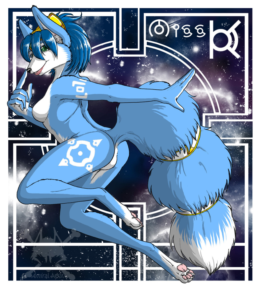 amiral_aesir anthro barefoot black_nose blue_fur blue_hair breasts claws closed_mouth color female female_only fox fur furry furry_breasts furry_ears furry_tail green_eyes hair krystal nude open_eyes pointy_ears short_hair side_view solo star_fox tail white_fur