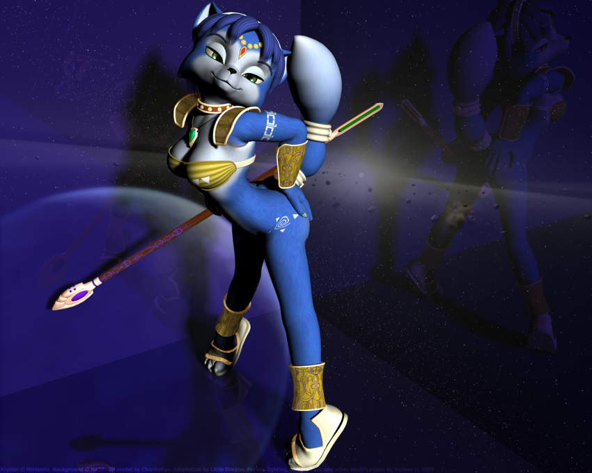 3_toes 3d 5:4 anthro black_nose blue_fur blue_hair bottomless breasts charleyfox claws closed_mouth clothes color female female_only footwear fox front_view fur furry furry_breasts furry_ears furry_tail green_eyes hair hand_on_ass holding krystal krystal's_staff looking_at_viewer open_eyes pointy_ears raised_tail reflection short_hair solo staff standing star_fox tail white_fur