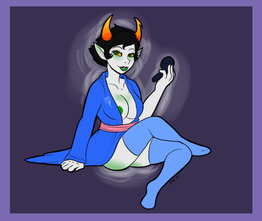 1girls areolae black_hair breasts green_eyes green_lipstick green_nipples grey_background grey_skin homestuck horns kanaya_maryam kanvet looking_at_viewer makeup_mirror ms_paint_adventures nipples pointy_ears robe short_hair solo stockings troll