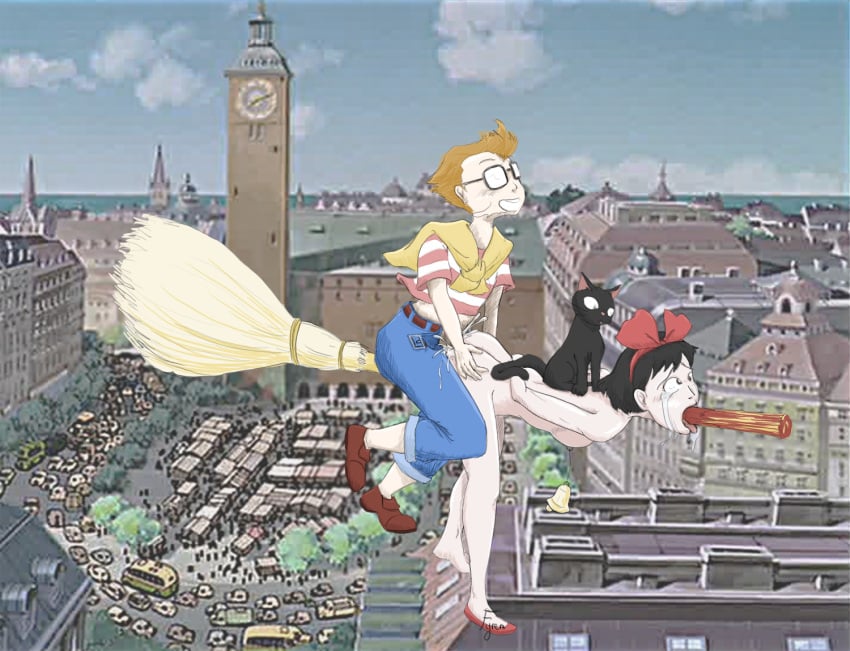 1boy 1girls all_the_way_through arms_behind_back black_hair blood blue_sky bow broom cat city clothed_male_nude_female clothing cloud crying day dead death female_death flying full_body glasses hetero impalement implied_anal implied_anal_penetration jiji_(kiki's_delivery_service) kiki kiki's_delivery_service male nipples opaque_glasses outdoors sex small_breasts spitted studio_ghibli tears tombo_kopoli vaginal_impalement